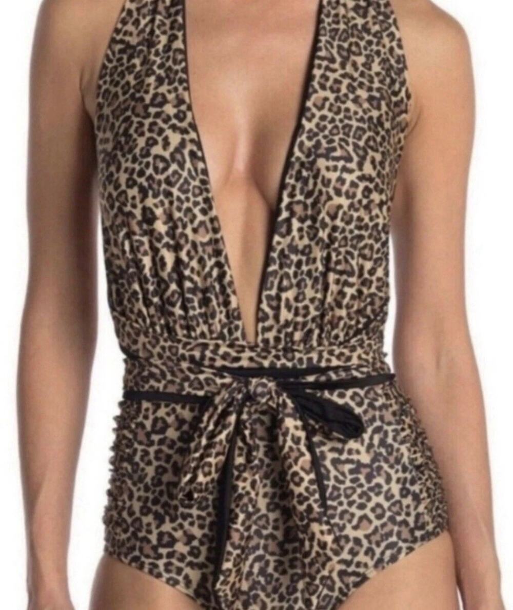 Nicole Miller Leopard 6 Way Convertible One-Piece Swimsuit Ruched Sides L - NWT